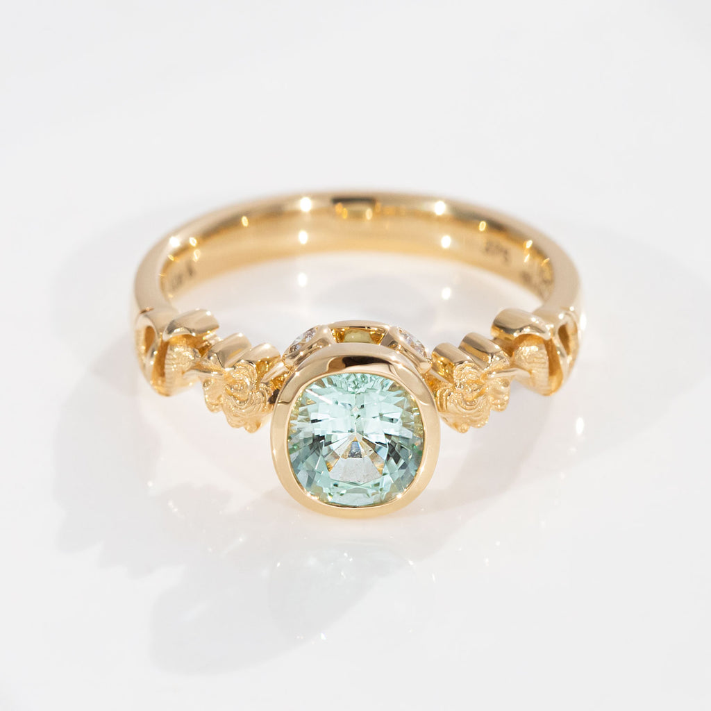 1.1 carat Ice Lagoon Tourmaline Mermaid ring with Diamonds in 9 carat Gold