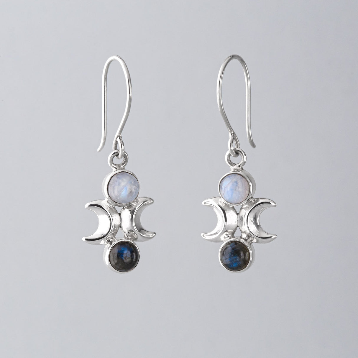 Moon Phase Earrings in Sterling Silver with Labradorite and Rainbow Moonstone