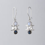 Moon Phase Earrings in Sterling Silver with Labradorite and Rainbow Moonstone