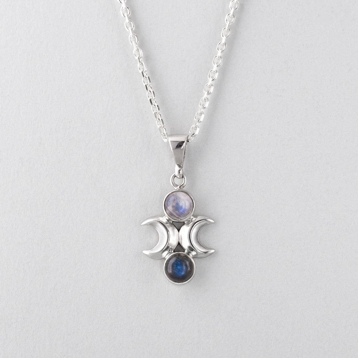 Moon Phase Pendant in Sterling Silver with Labradorite and Rainbow Moonstone