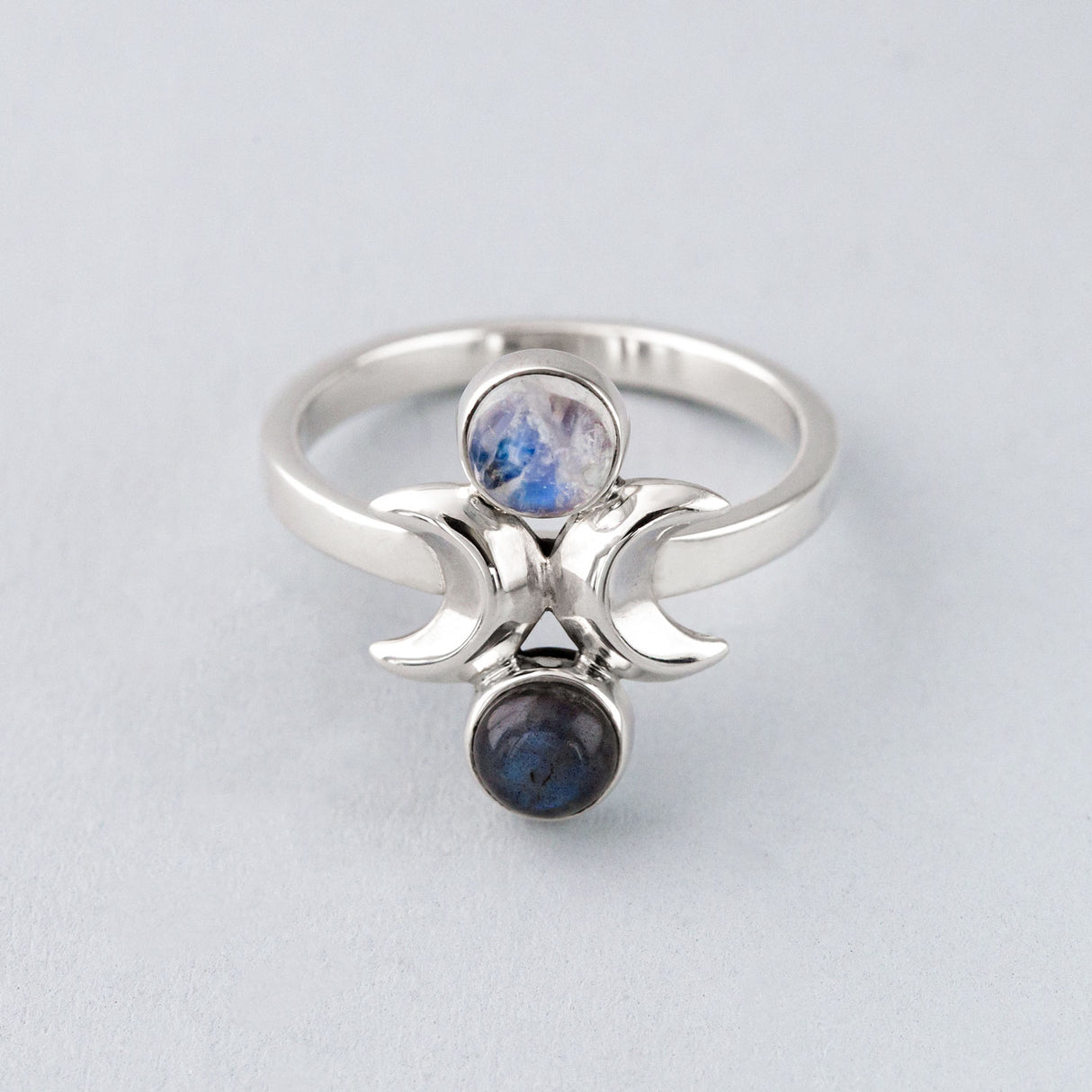 Moon Phase Ring in Sterling Silver with Labradorite and Rainbow Moonstone