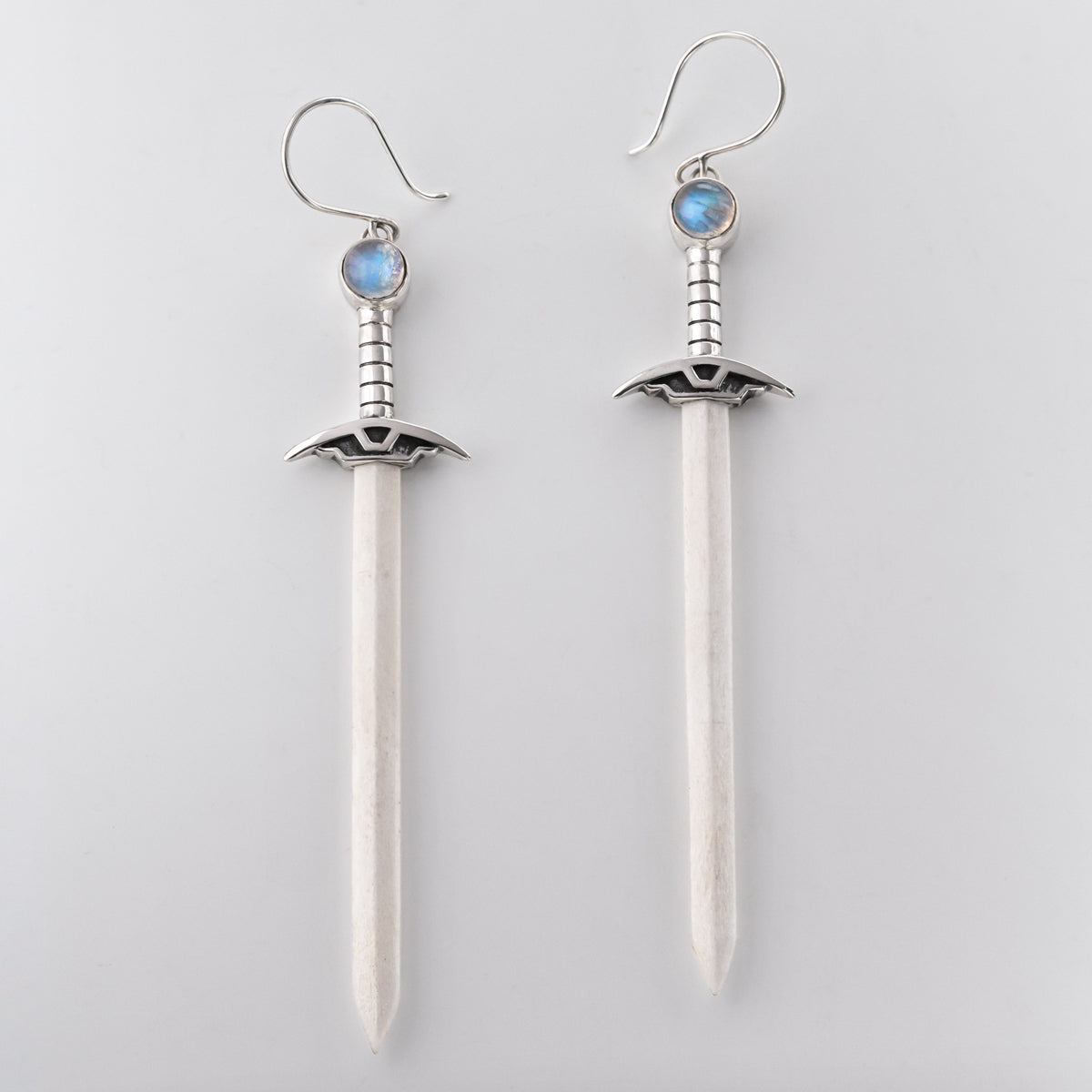 Rainbow Moonstone Sacred Blade Earrings carved in Moose Antler