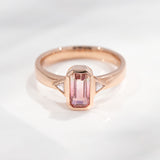 Pink Fade Tourmaline Twin Trillion ring in 9 carat Pink Gold