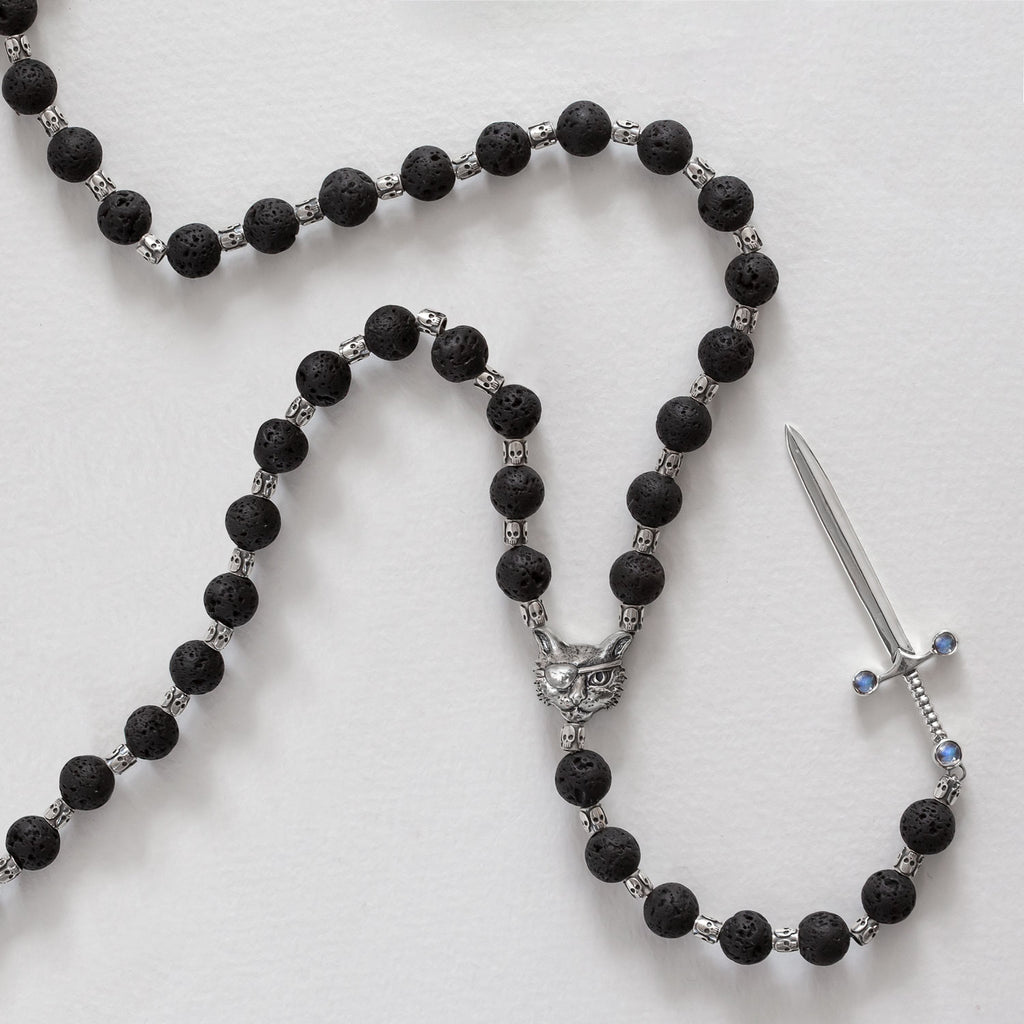 Rosary with Lava Beads and Rainbow Moonstone