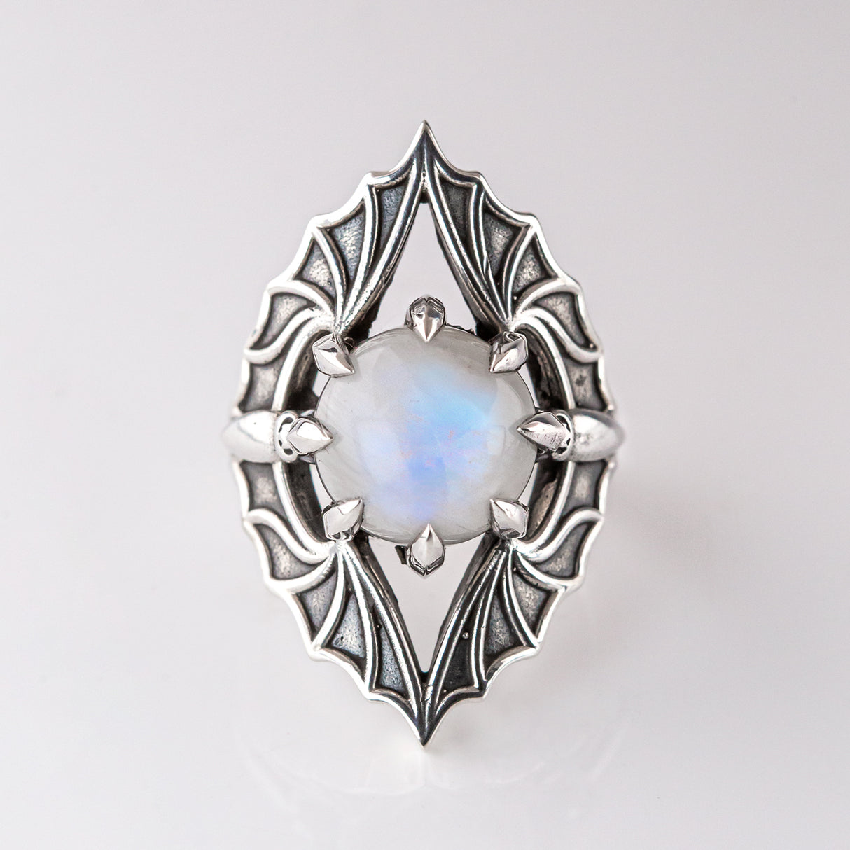 Vampire Bat Ring in Sterling Silver with Rainbow Moonstone