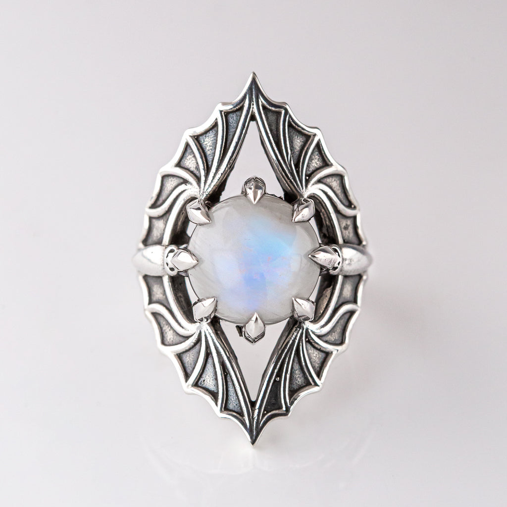 Vampire Bat Ring in Sterling Silver with Rainbow Moonstone