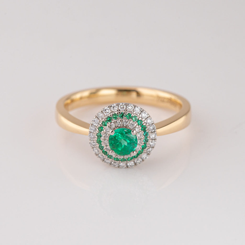 Baby UFO ring with Emeralds and Diamonds in Platinum and 18 carat Gold