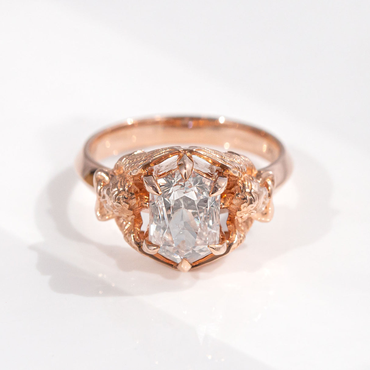 3 carat White Sapphire Twin Cherub ring in 9 carat Pink Gold