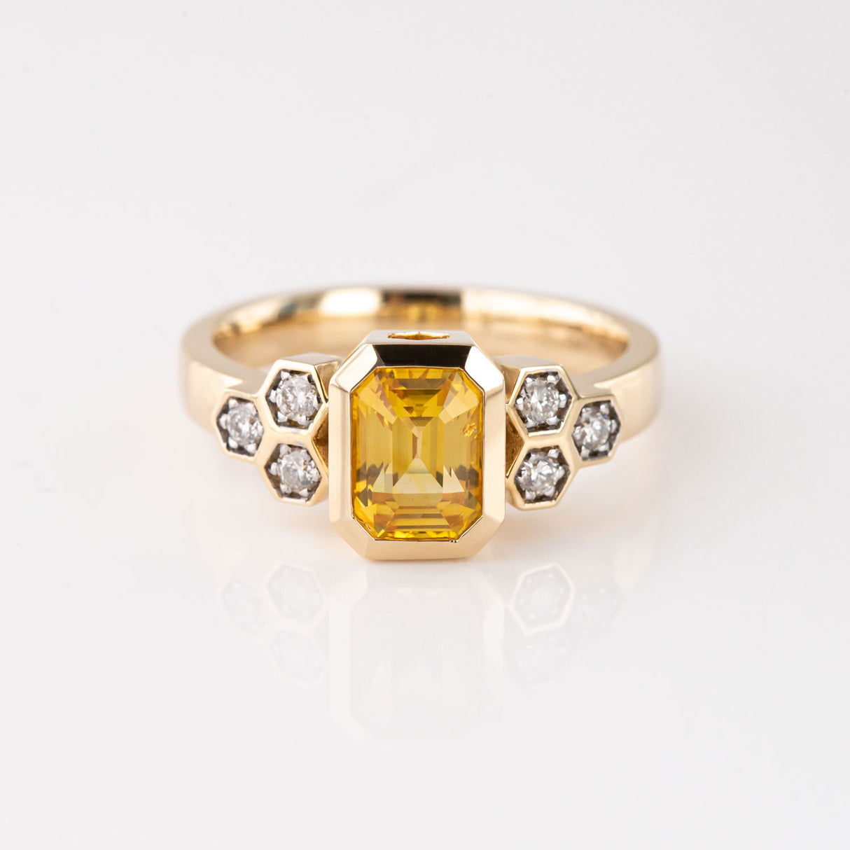 Yellow Sapphire and Diamond Honeycomb Ring in 14 carat Yellow Gold