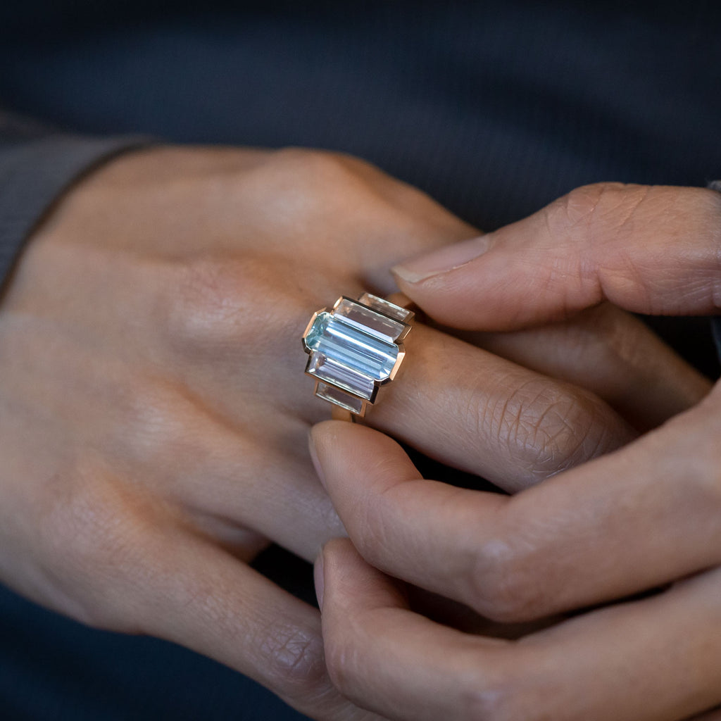 Aquamarine and Misty Quartz Refraction ring in 9 carat Gold