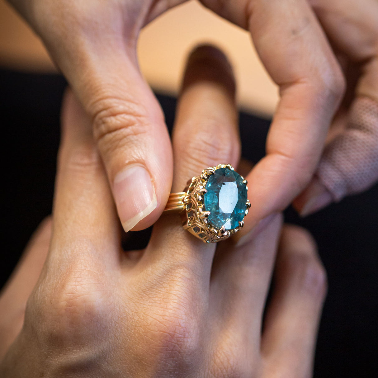 Stormy Sea Blue Sapphire Cathedral Archway ring in 9 carat Gold