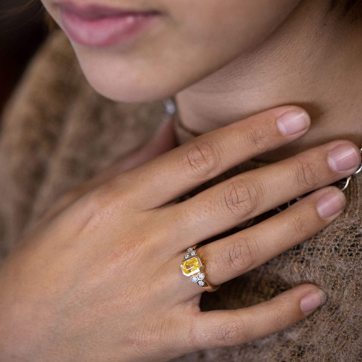 Yellow Sapphire and Diamond Honeycomb Ring in 14 carat Yellow Gold