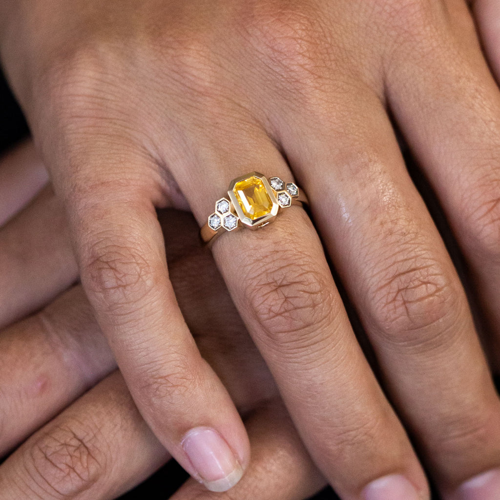 Yellow Sapphire and Diamond Honeycomb Ring in 14 carat Yellow Gold