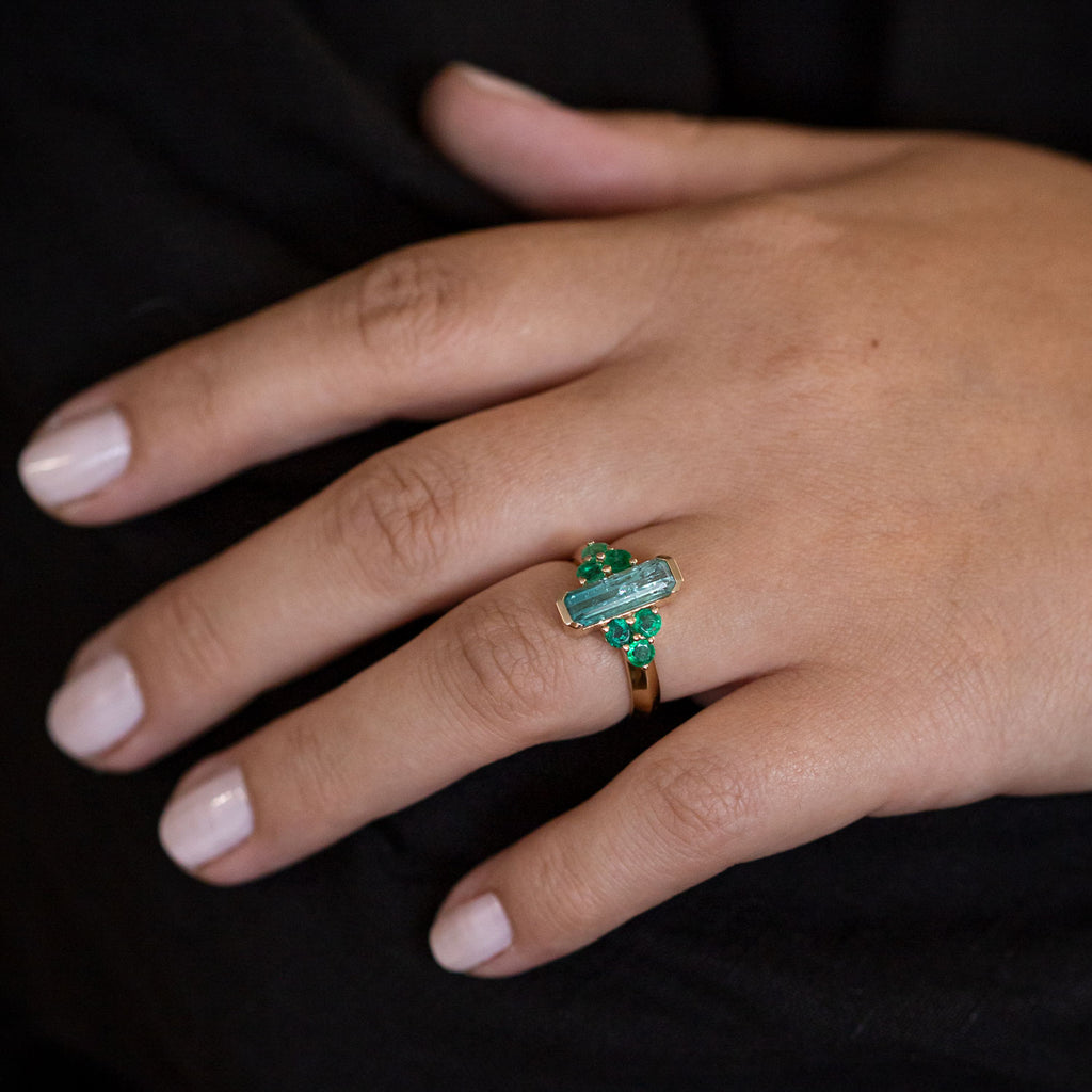 Tourmaline and Emerald Hidden Lagoon ring in 9 carat Gold