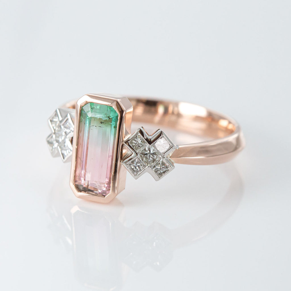 Watermelon Tourmaline and Diamond Kiss Kiss ring in 9 carat Pink Gold and Platinum