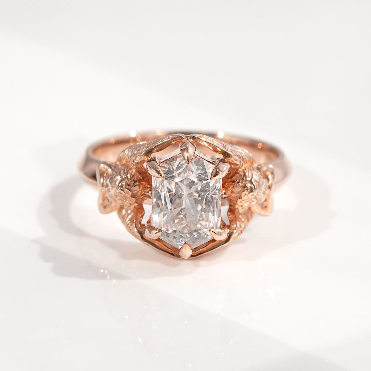 3 carat White Sapphire Twin Cherub ring in 9 carat Pink Gold