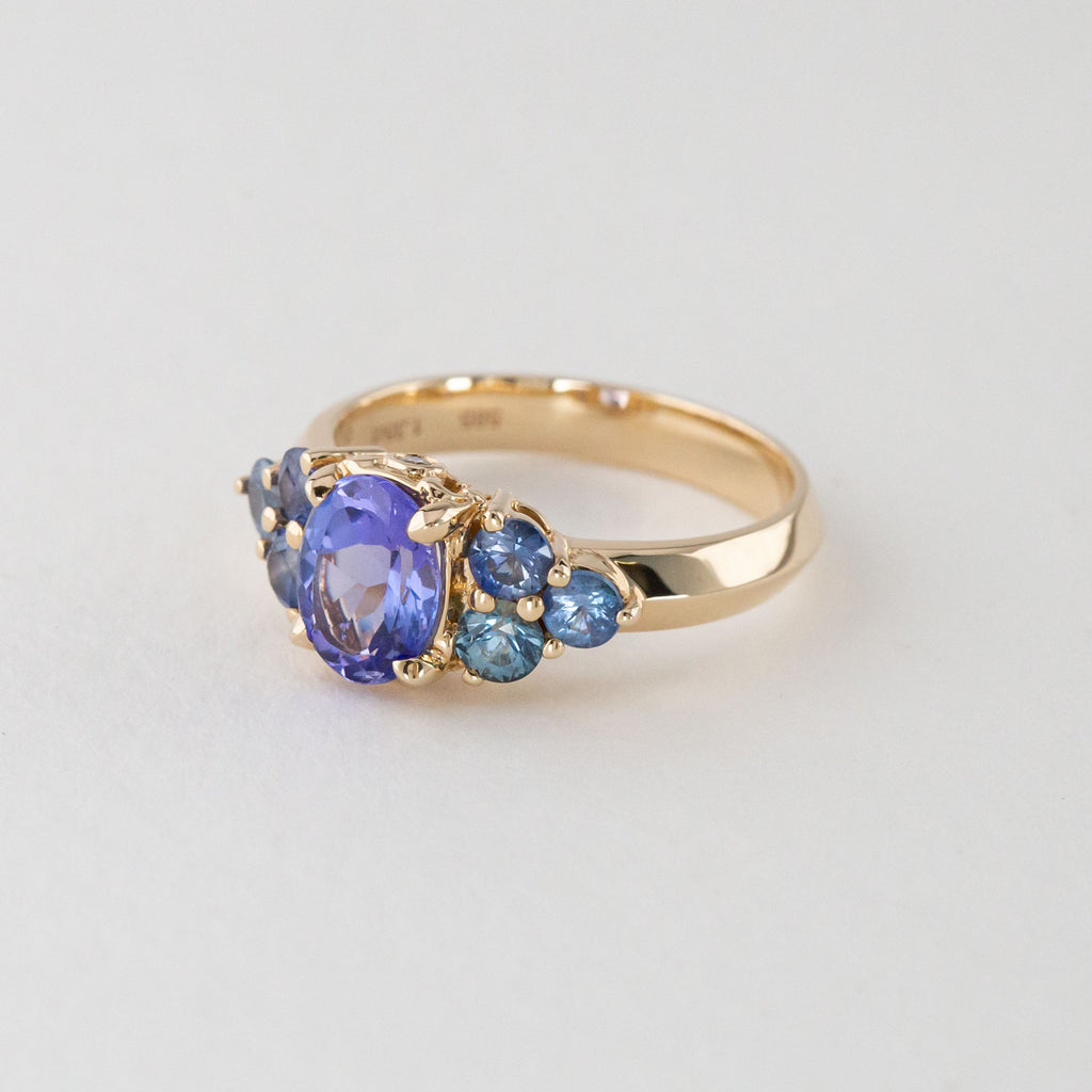 Bluebell Bouquet ring with Tanzanite and Sapphire in 14ct Yellow Gold