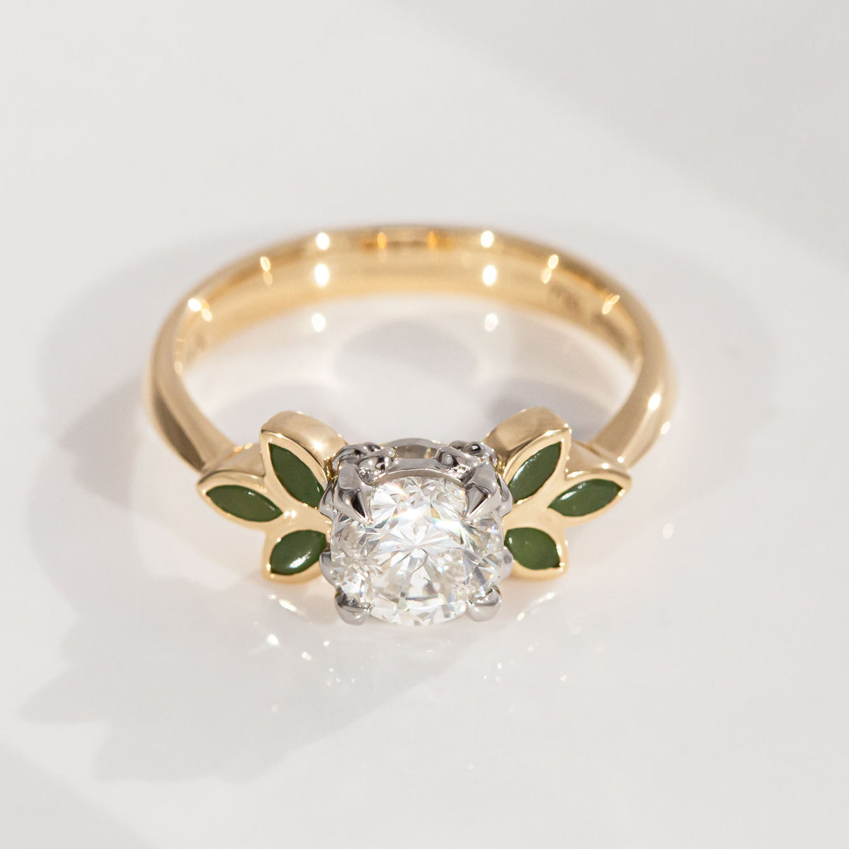 1.18 carat Diamond Blossom ring with Pounamu in 18 carat Gold and Platinum