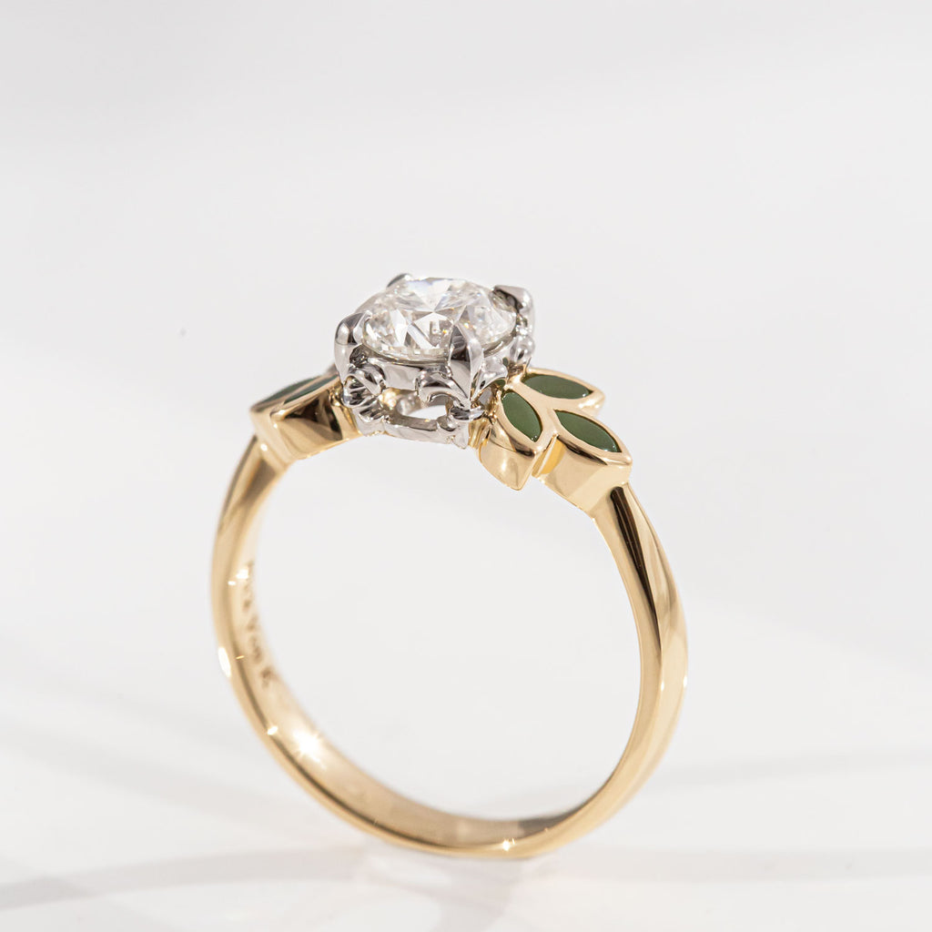 1.18 carat Diamond Blossom ring with Pounamu in 18 carat Gold and Platinum