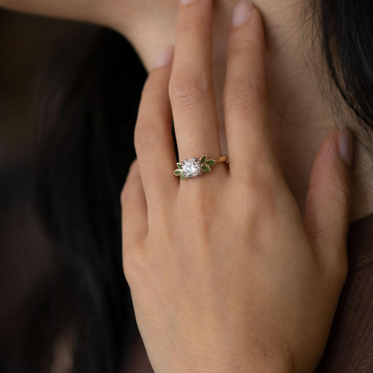 1.18 carat Diamond Blossom ring with Pounamu in 18 carat Gold and Platinum