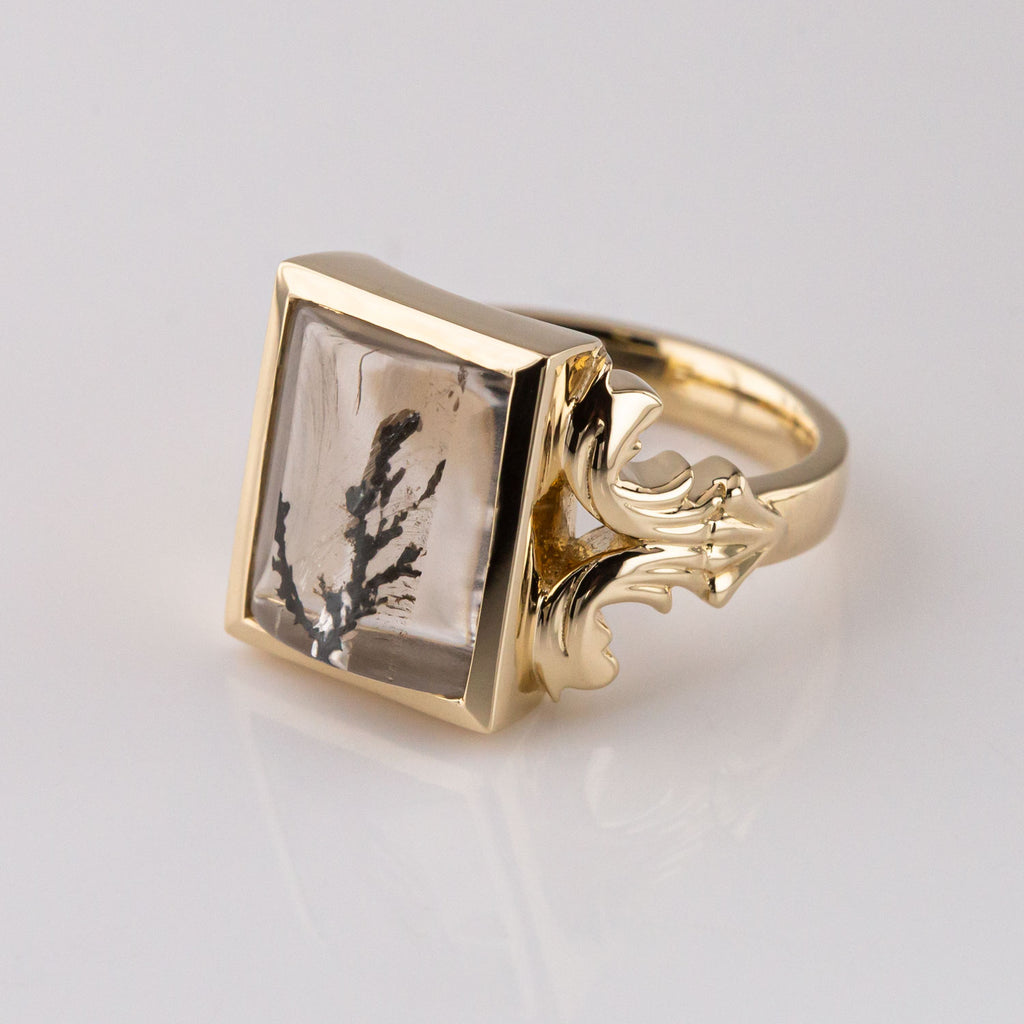 Black Tree Quartz Flourish ring in 9 carat Gold