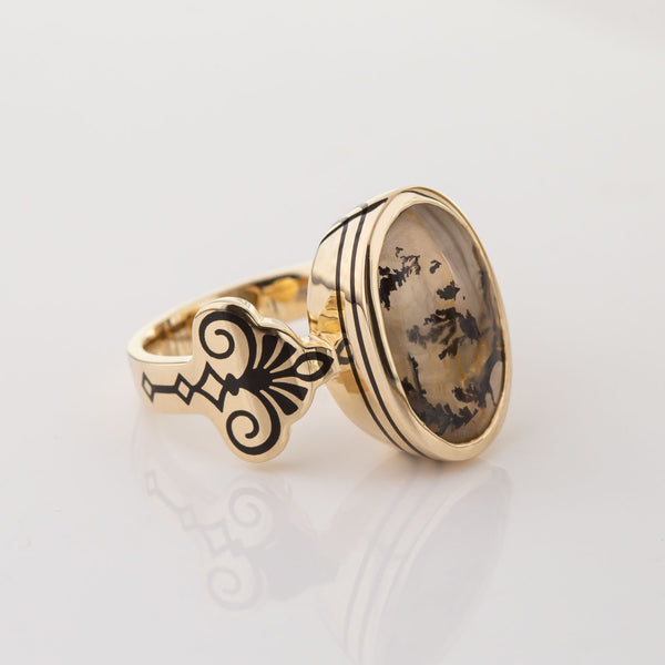 Misty Black Forest Dendritic Quartz Art Deco ring in 9 carat Gold