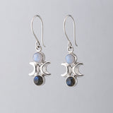 Moon Phase Earrings in Sterling Silver with Labradorite and Rainbow Moonstone