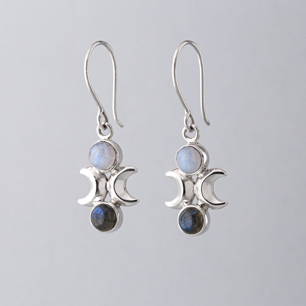 Moon Phase Earrings in Sterling Silver with Labradorite and Rainbow Moonstone