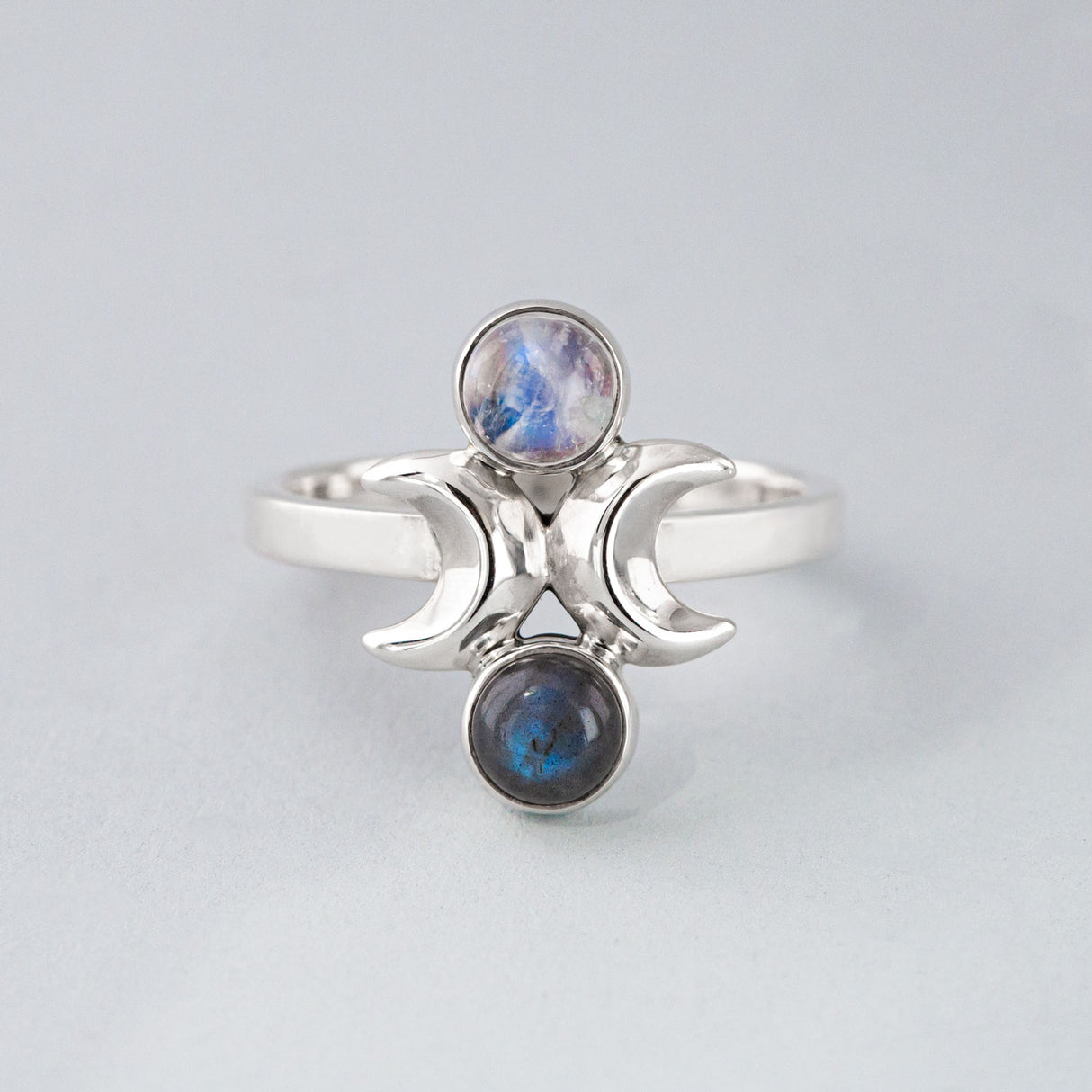 Moon Phase Ring in Sterling Silver with Labradorite and Rainbow Moonstone