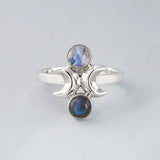 Moon Phase Ring in Sterling Silver with Labradorite and Rainbow Moonstone