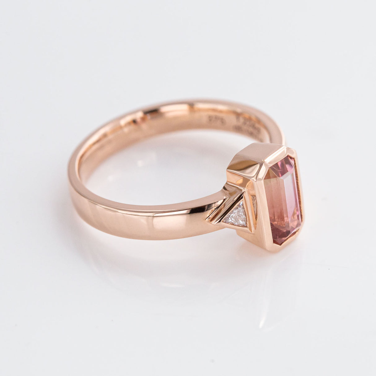 Pink Fade Tourmaline Twin Trillion ring in 9 carat Pink Gold