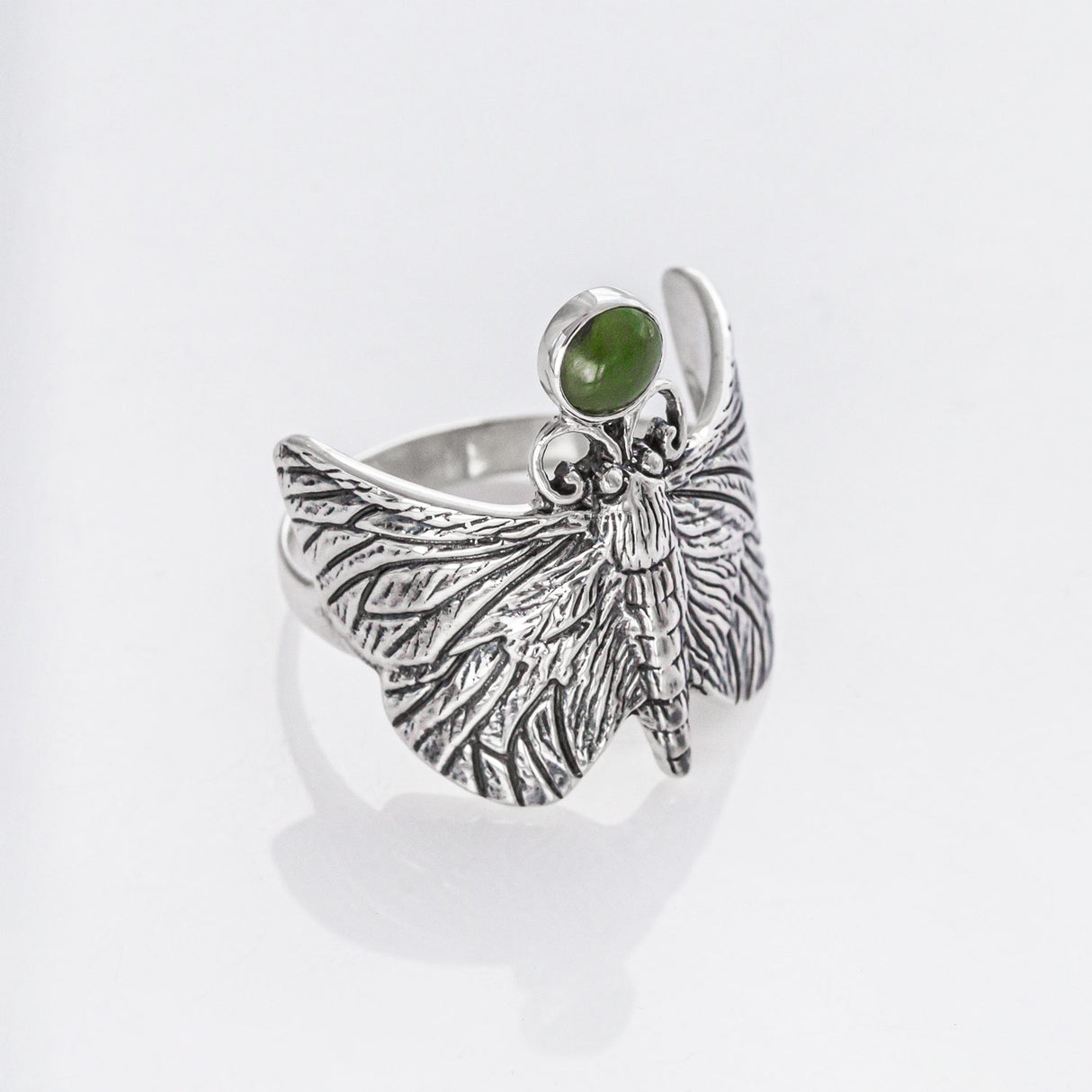 Puriri Moth ring with Pounamu in Sterling Silver