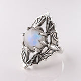 Vampire Bat Ring in Sterling Silver with Rainbow Moonstone