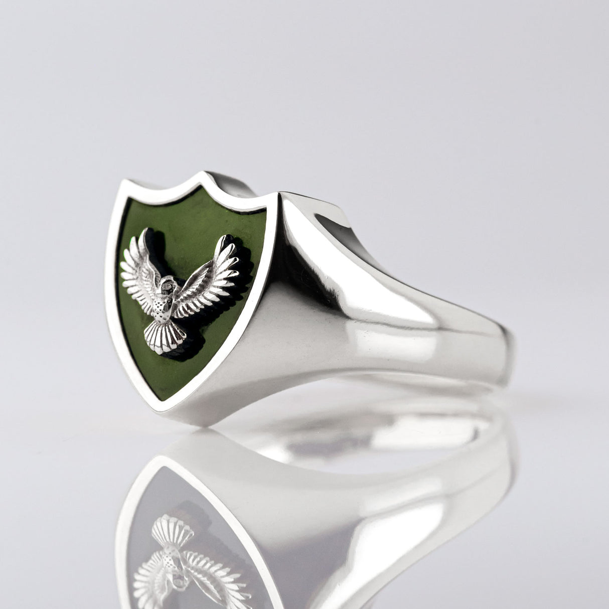 Pounamu Owl Crest Signet Ring in Sterling Silver