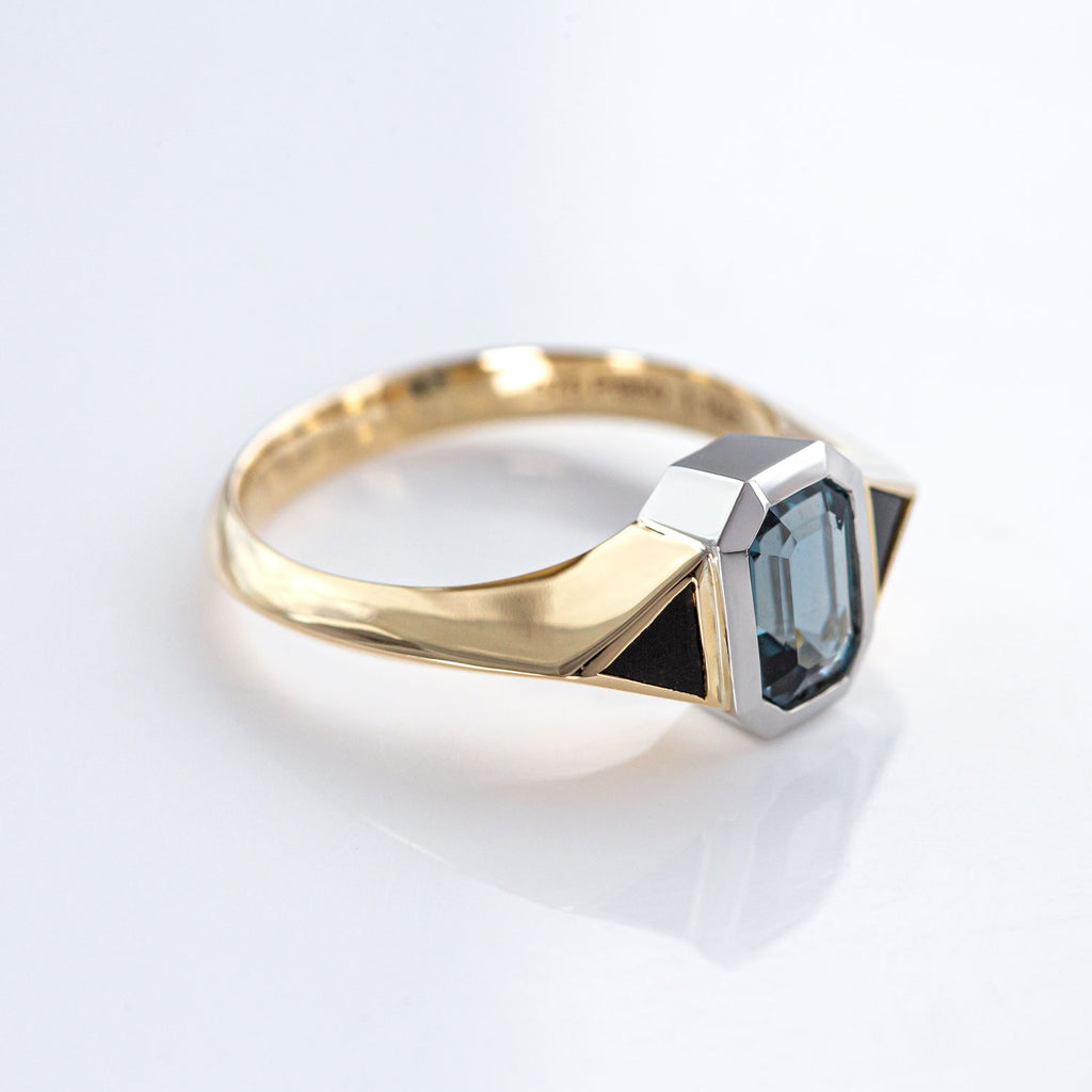 Grey Spinel Twin Trillion ring in Platinum and 9 carat Gold