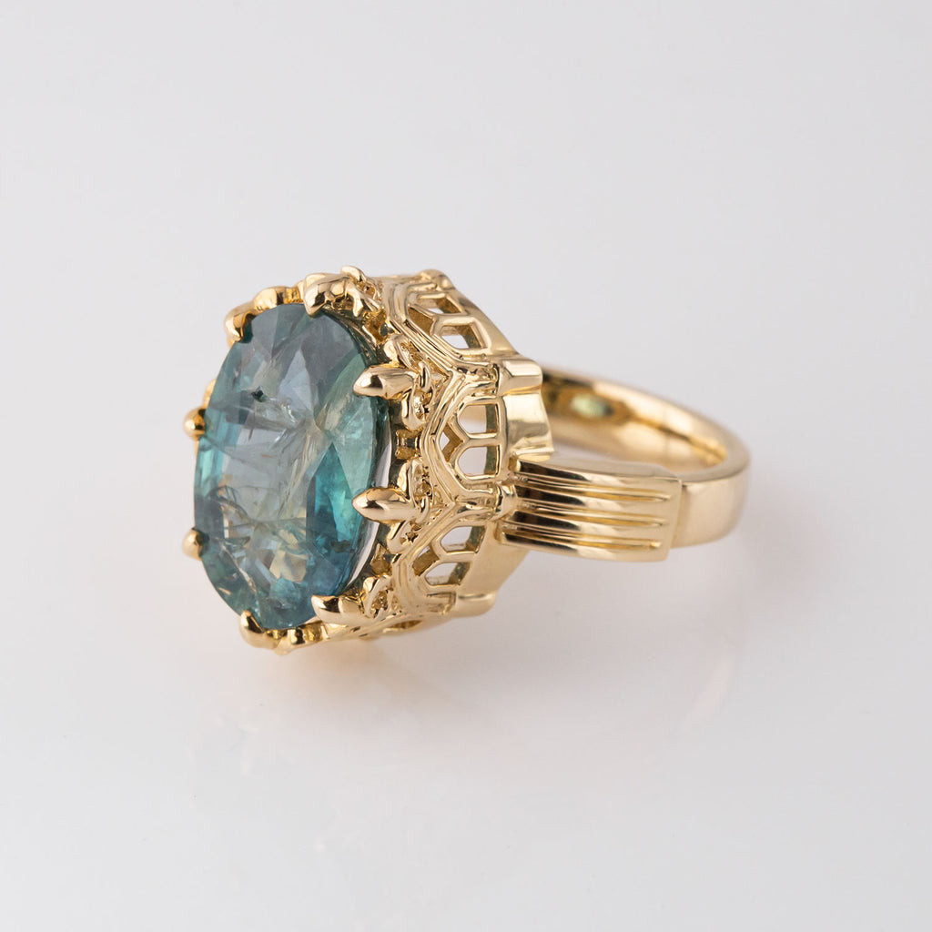 Stormy Sea Blue Sapphire Cathedral Archway ring in 9 carat Gold