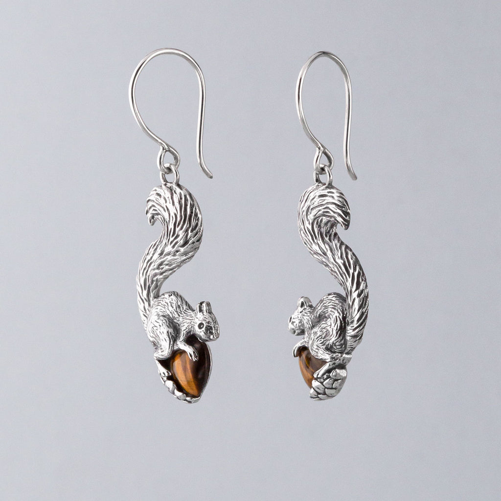 Squirrel Earrings in Sterling Silver with Tigers Eye