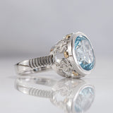 7.97 carat Aquamarine Oval Seahorse Temple ring in Platinum and 9 ct Gold