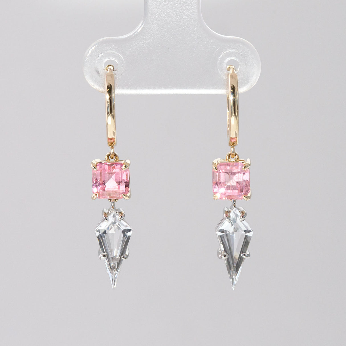 Light Pink Tourmaline Crystal Palace earrings in 9 carat Yellow Gold and Platinum