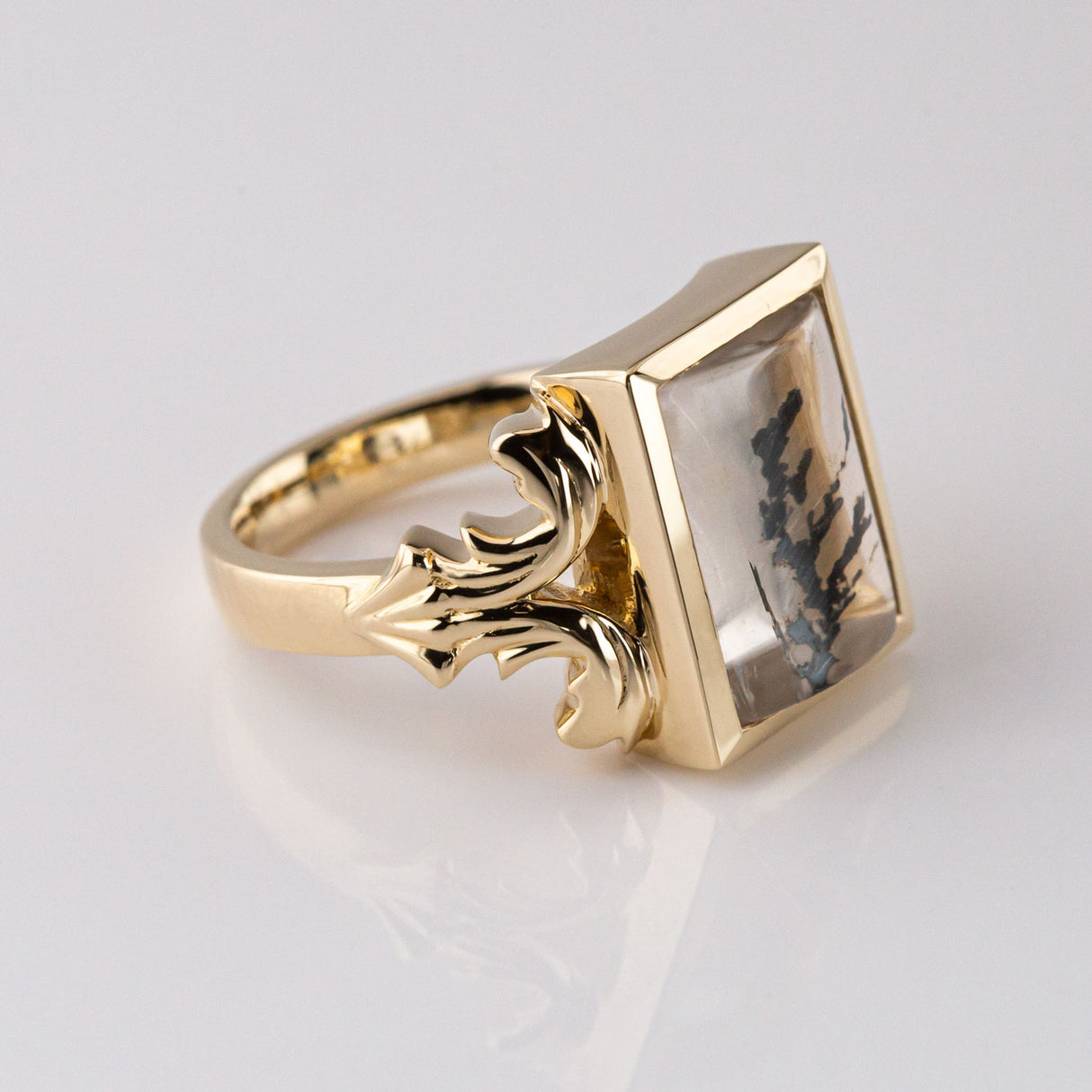 Black Tree Quartz Flourish ring in 9 carat Gold