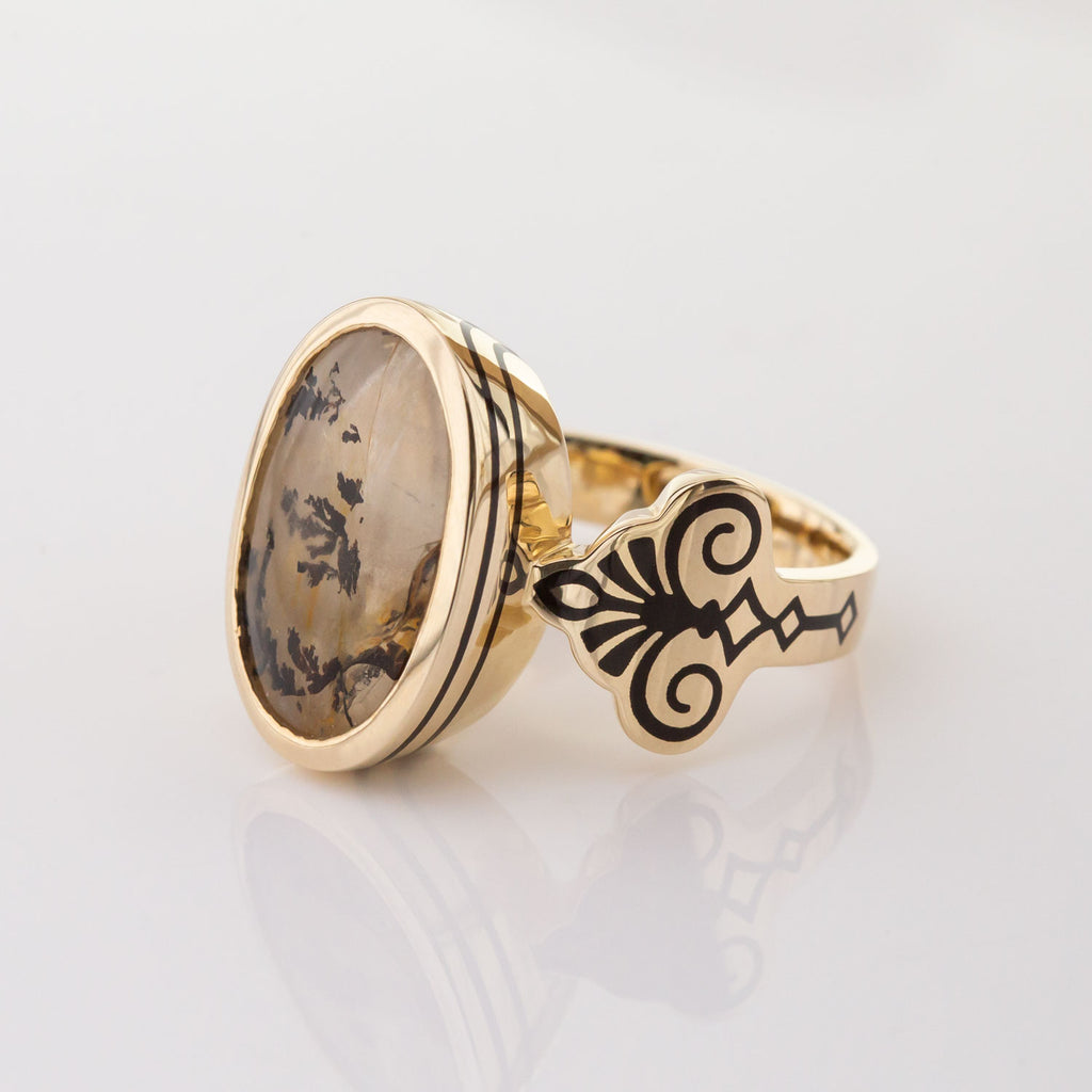 Misty Black Forest Dendritic Quartz Art Deco ring in 9 carat Gold