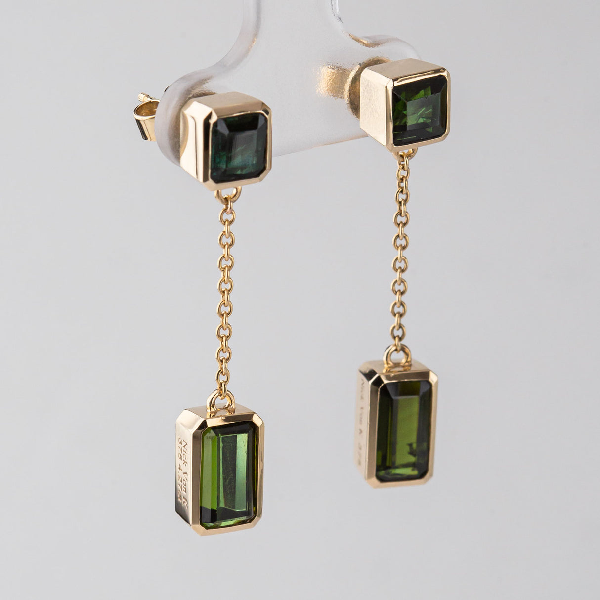 Modern Green Tourmaline Drop earrings in 9 carat Yellow Gold