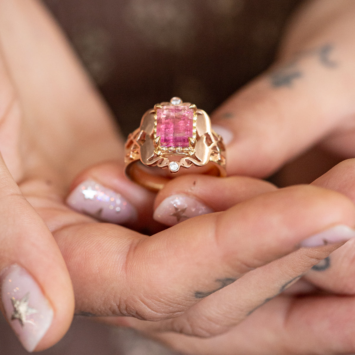 Pink Tourmaline Tequila Sunrise Gold Ring