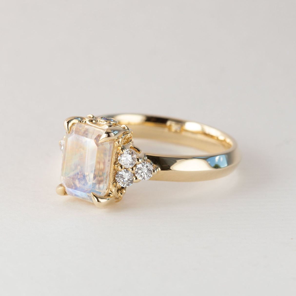 Moonlight Lake Ring in Rainbow Moonstone and Diamonds