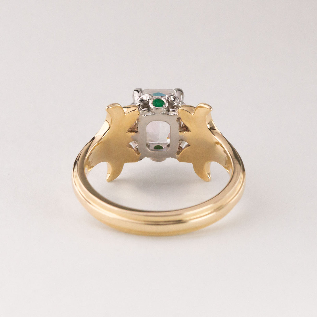 Peach Moonstone ring with Emeralds in 9 ct Gold and Platinum