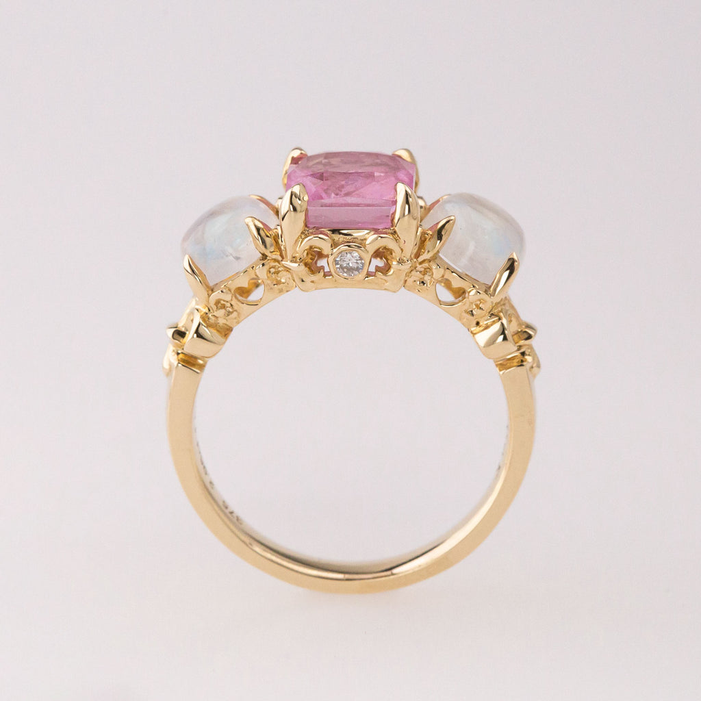 Pink Sapphire Candyland Ring with Rainbow Moonstones and Diamonds in 9 carat Gold