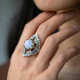 Vampire Bat Ring in Sterling Silver with Rainbow Moonstone