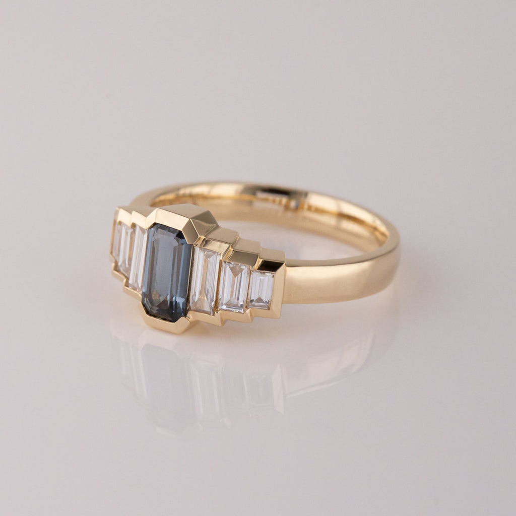 Hall of Mirrors ring with Stormy Grey Spinel and Lab Diamonds in 9 carat Gold