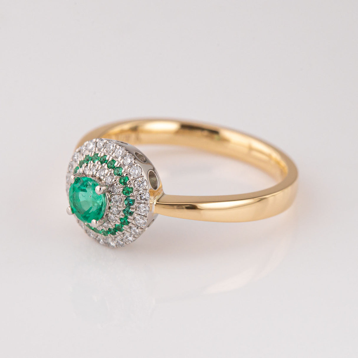 Baby UFO ring with Emeralds and Diamonds in Platinum and 18 carat Gold