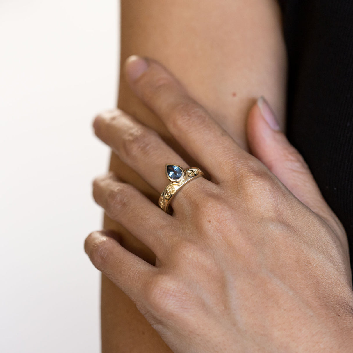 Grey Spinel Raindrop ring in 9 carat Gold